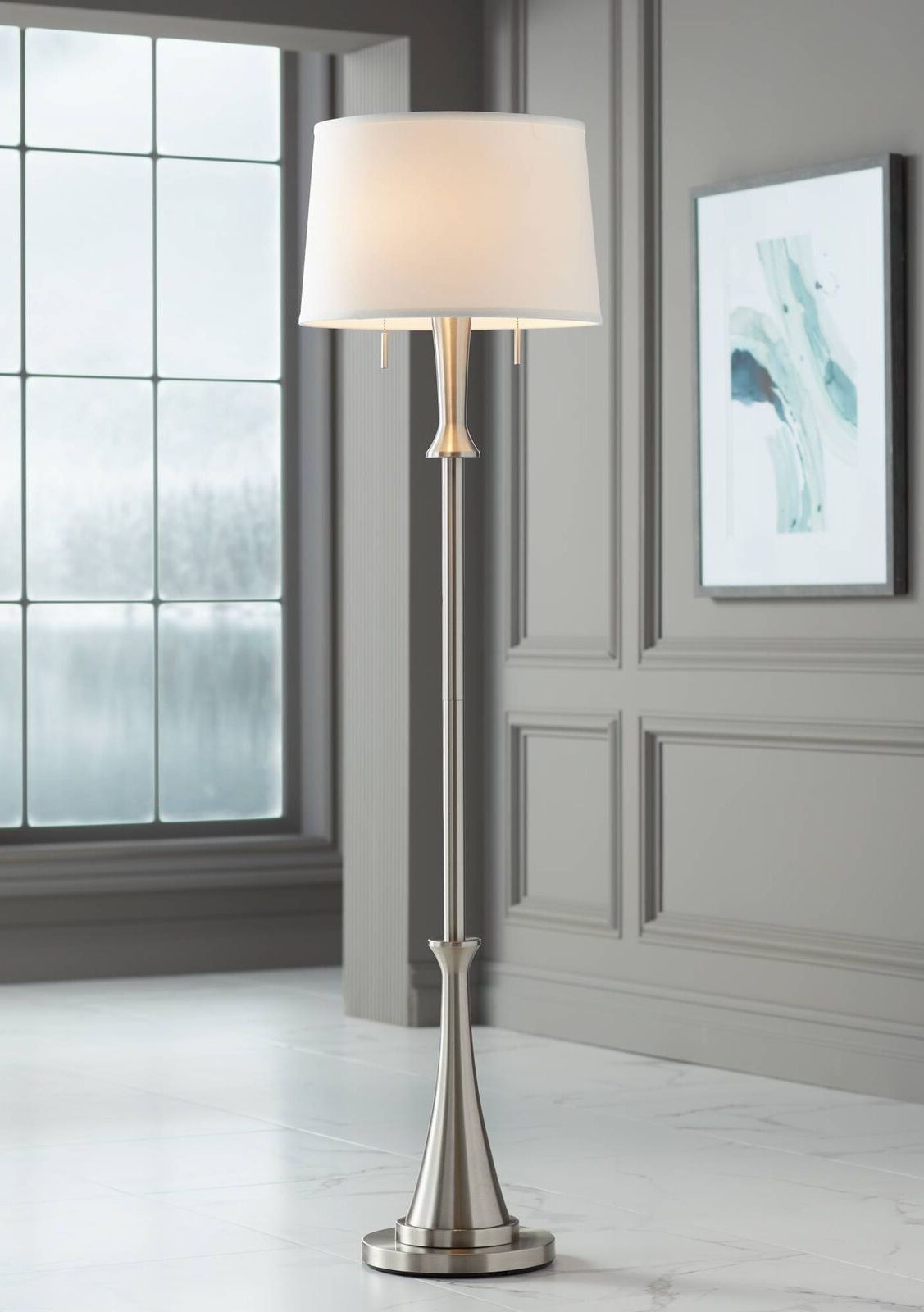Modern Floor Lamp Brushed Nickel White Drum Shade For Living Room Reading  House | Ebay Within Glass Satin Nickel Floor Lamps (View 9 of 20)
