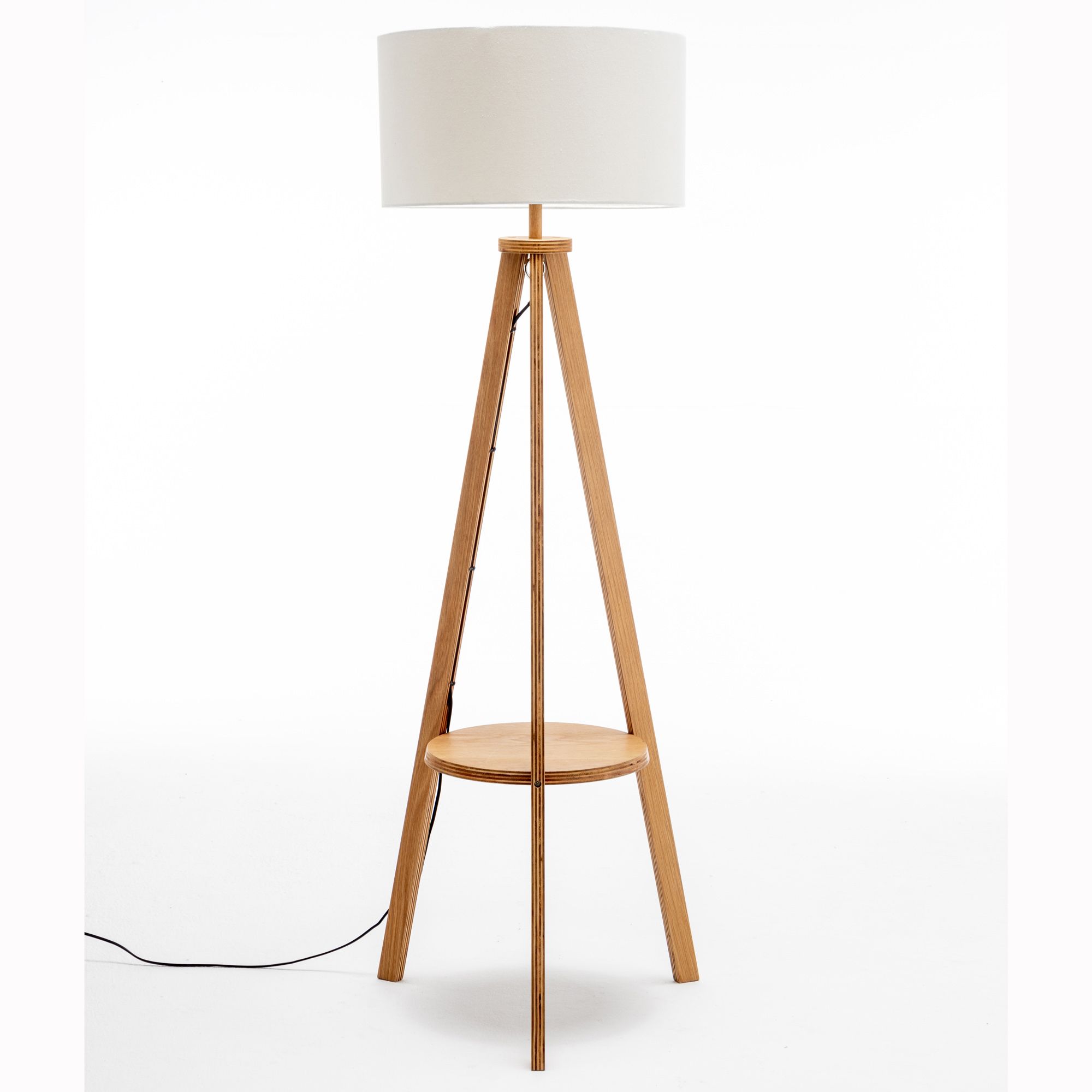 Natural Wooden Tripod Floor Lamp W/ Round Wood Shelf + Off White Linen  Shade – Lifestyle Furniture Solid Timber Specialists For Rubberwood Floor Lamps (View 11 of 20)