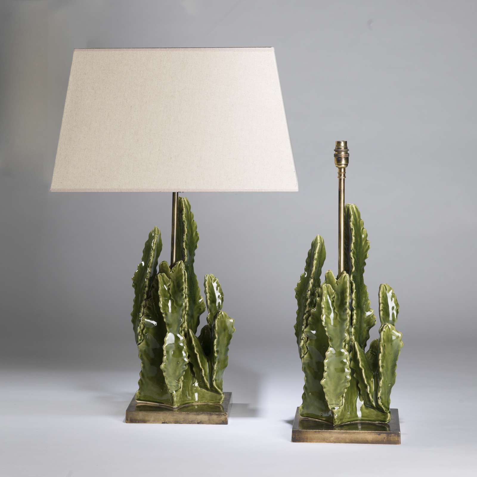 Pair Of Medium Ceramic Cactus Lamps On Square Antiqued Brass Bases (t4451)  – Tyson – Decorative Lighting And Bespoke Furniture Intended For Cactus Floor Lamps (View 14 of 20)