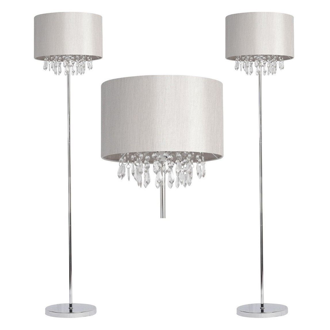 Pair Of Silver Grey Faux Silk Jewelled Floor Lamps With Silver Chrome Floor Lamps (Gallery 20 of 20)