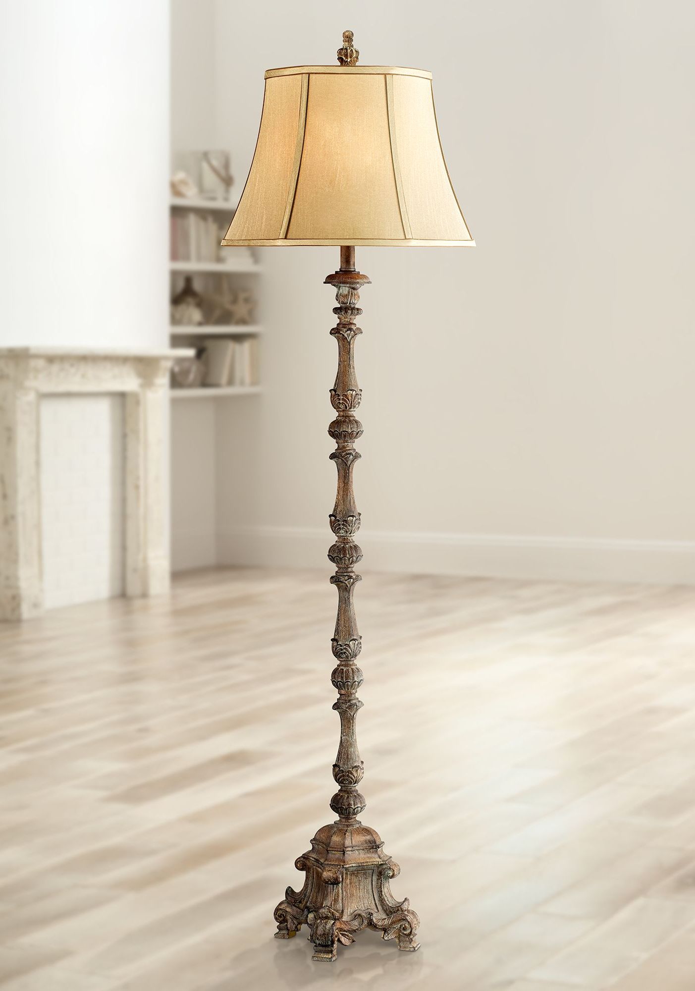 Regency Hill Rustic Floor Lamp 62" Tall French Faux Wood Antique  Candlestick Beige Silk Bell Shade For Living Room Reading Bedroom Office –  Walmart Pertaining To Rustic Floor Lamps (View 7 of 20)