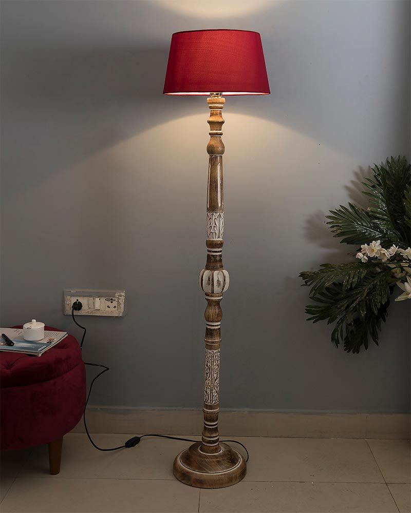 Royal Carving Antique White Finish Wooden Floor Lamp With Khadi Shade Inside Carved Pattern Floor Lamps (View 5 of 20)