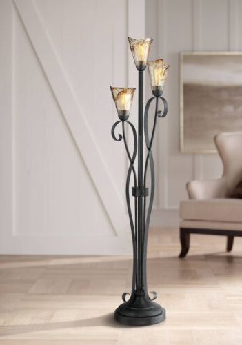 Rustic Floor Lamp 3 Light Tree Black Amber Glass For Living Room Bedroom  Uplight | Ebay With 3 Light Tree Floor Lamps (View 10 of 20)
