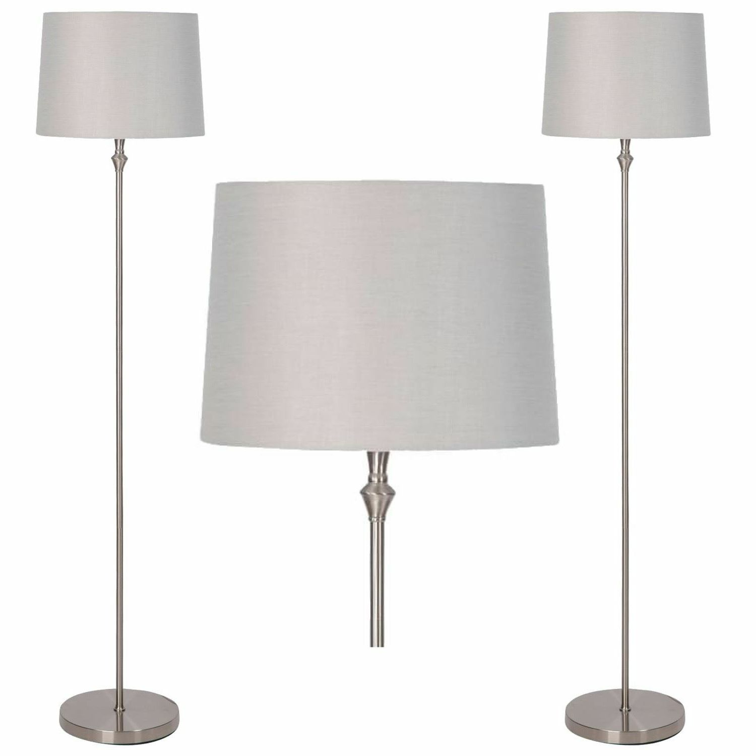 Set Of 2 Satin Nickel Floor Lamps Standard Lights With Grey Shades | Ebay In Glass Satin Nickel Floor Lamps (Gallery 20 of 20)