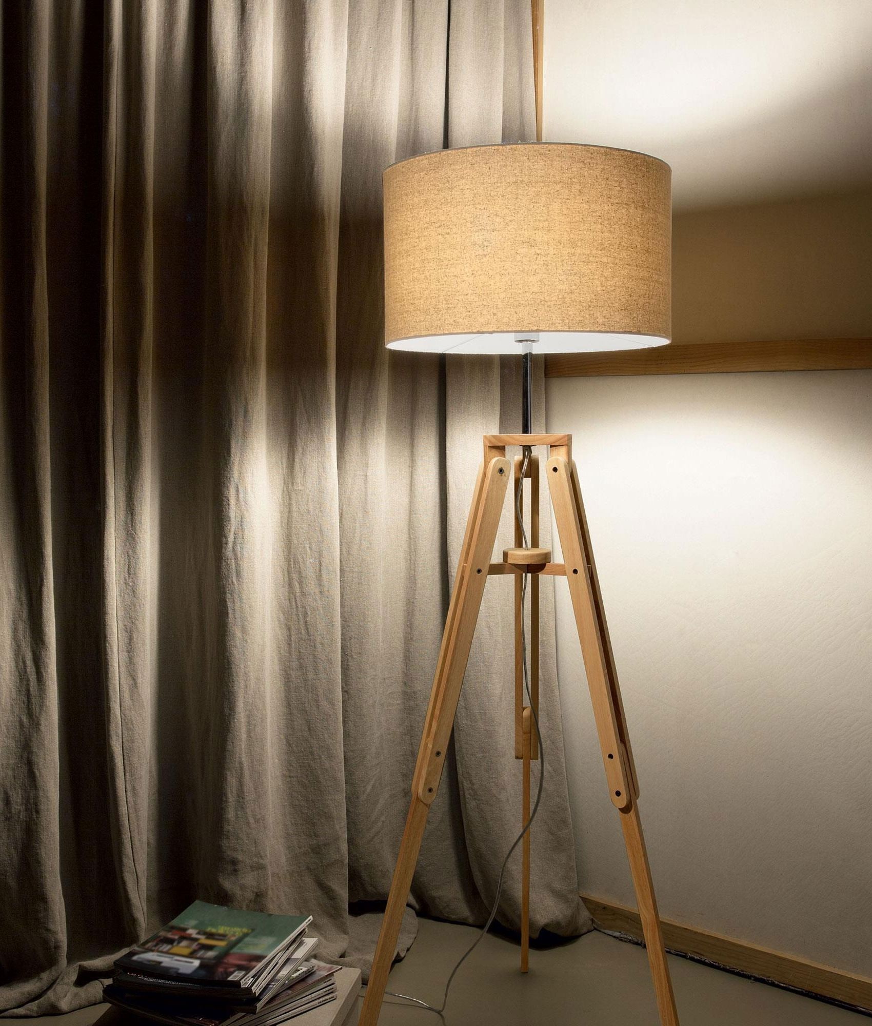 Shaded Natural Wood Tripod Floor Lamp With Regard To Wood Tripod Floor Lamps (View 13 of 20)