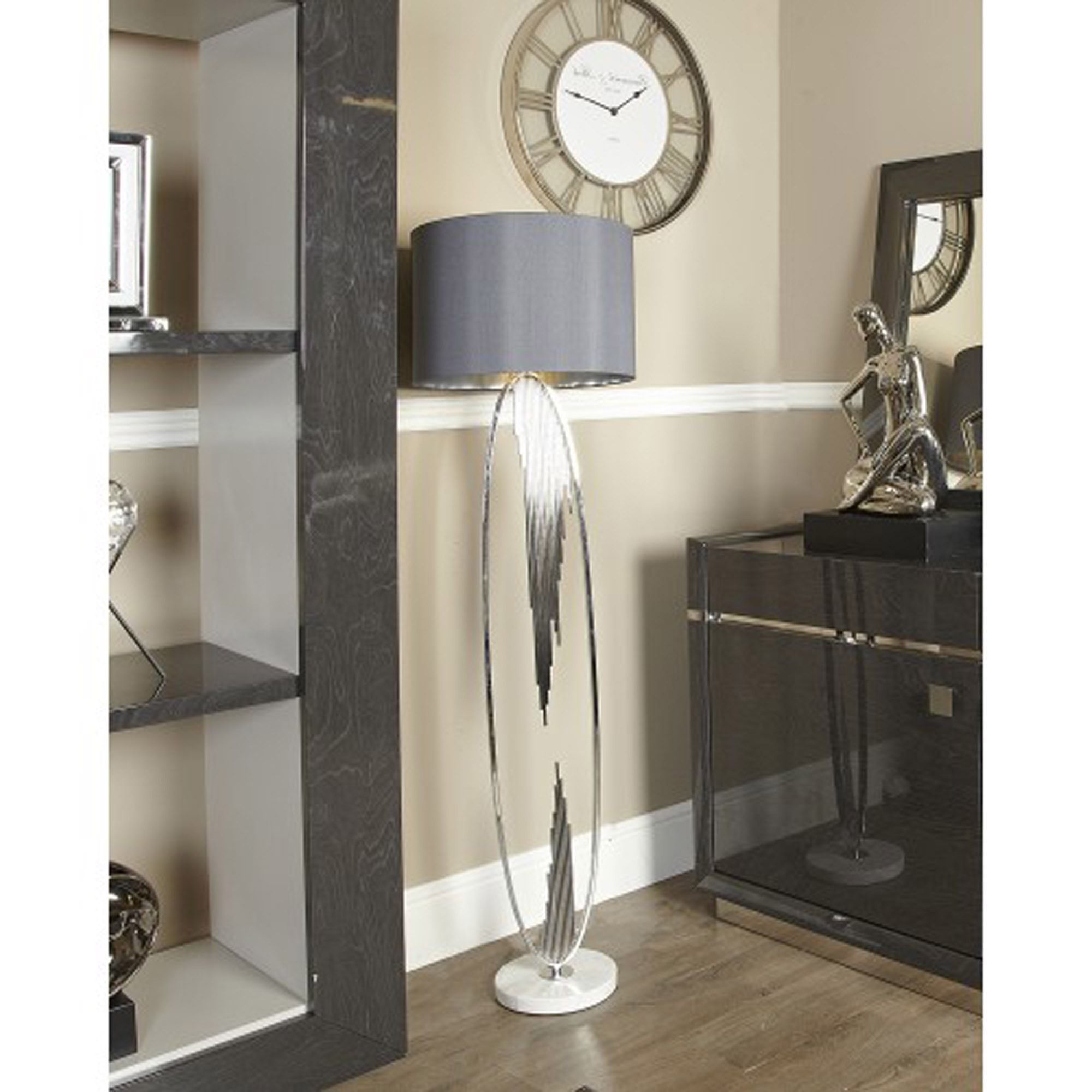 Silver Oval Abstract Floor Lamp With Grey Shade | Floor Standing Lamps For Grey Shade Floor Lamps (View 6 of 20)