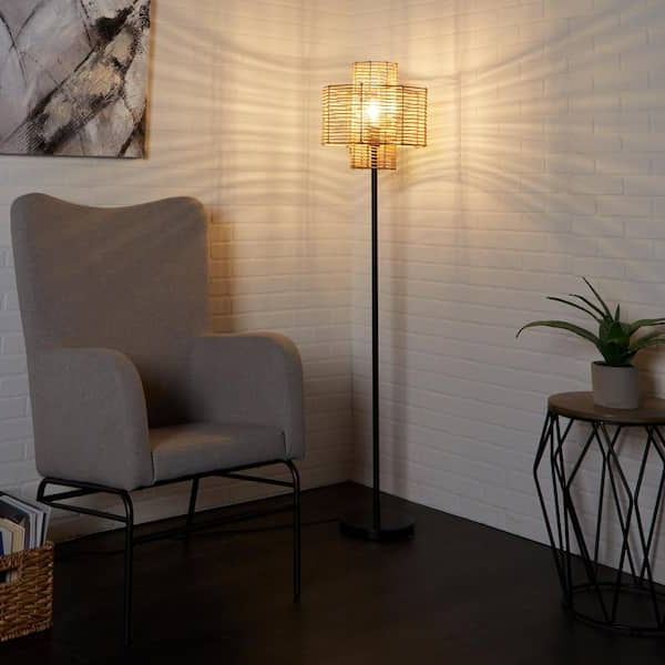 Silverwood Furniture Reimagined Cyndi 64" Metal Floor Lamp With Woven Rattan  Shade, Black Cplf1266e – The Home Depot Regarding Woven Cane Floor Lamps (Gallery 20 of 20)