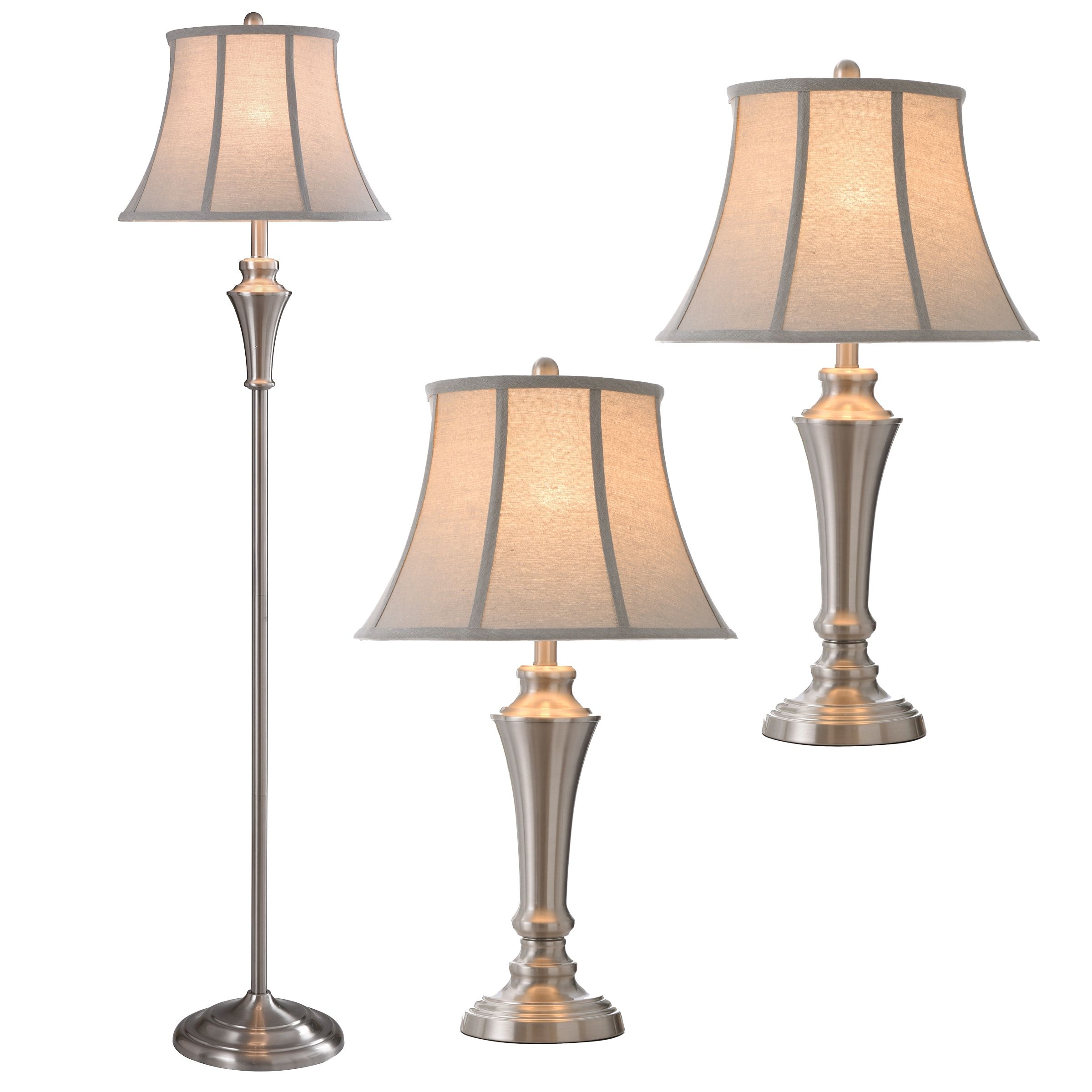 Stylecraft Home Collection Stylecraft Home Collection  Floor Lamp/table Lamp  Set  Brushed Nickel Finish  Geneva Taupe Fabric Shade  3 Piece Set (2  Table, 1 Floor) In The Lamp Sets Department At Lowes Throughout 3 Piece Set Floor Lamps (View 12 of 20)