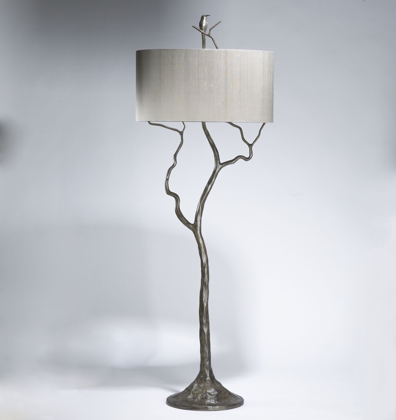 Tall Tree & Humming Bird Floor Lamp In Grey Painted Pewter, Distressed  Silver Leaf Finish (t3598) – Tyson – Decorative Lighting And Bespoke  Furniture Within Silver Floor Lamps (View 14 of 20)