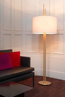 Upper Design Floor Lamp, Gilded, In Satin Brass Tube, White Lampshade Cvl  Luminaires – Contemporary Lighting, Made In France, Massive Brass – Réf (View 3 of 20)