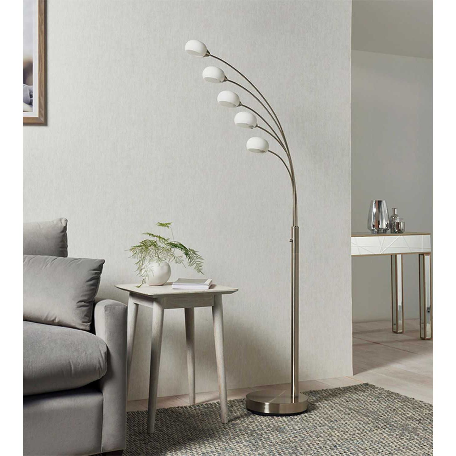 Vintage Silver Steel 5 Arm Dimmable Floor Lamp In Satin Nickel Finish With  White Glass – Cms Furniture For Glass Satin Nickel Floor Lamps (View 12 of 20)
