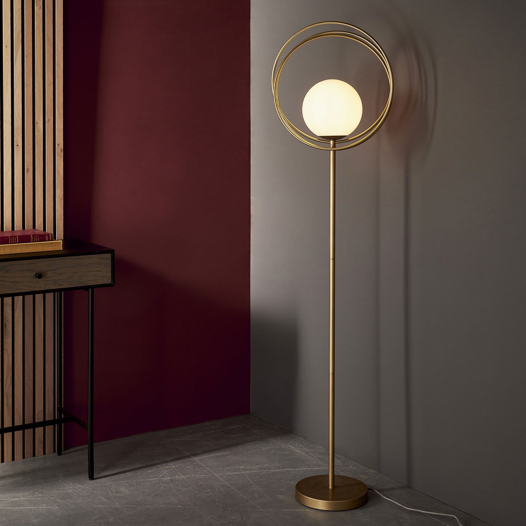 Visionary Lighting Knowlton Floor Lamp In Brushed Gold With Gloss Opal  Shade – Fitting & Style From Dusk Lighting Uk Throughout Gold Floor Lamps (View 5 of 20)