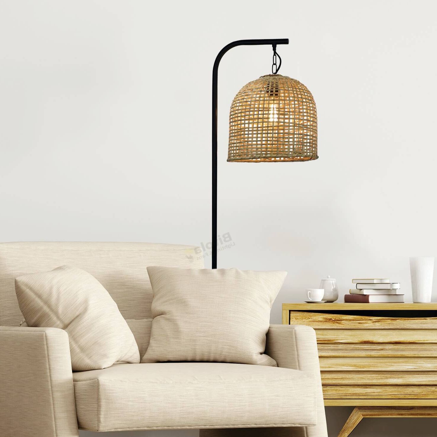 Watson Rattan Floor Lamp With Hanging Chain – Bitola Lighting And Fans Intended For Rattan Floor Lamps (View 7 of 20)