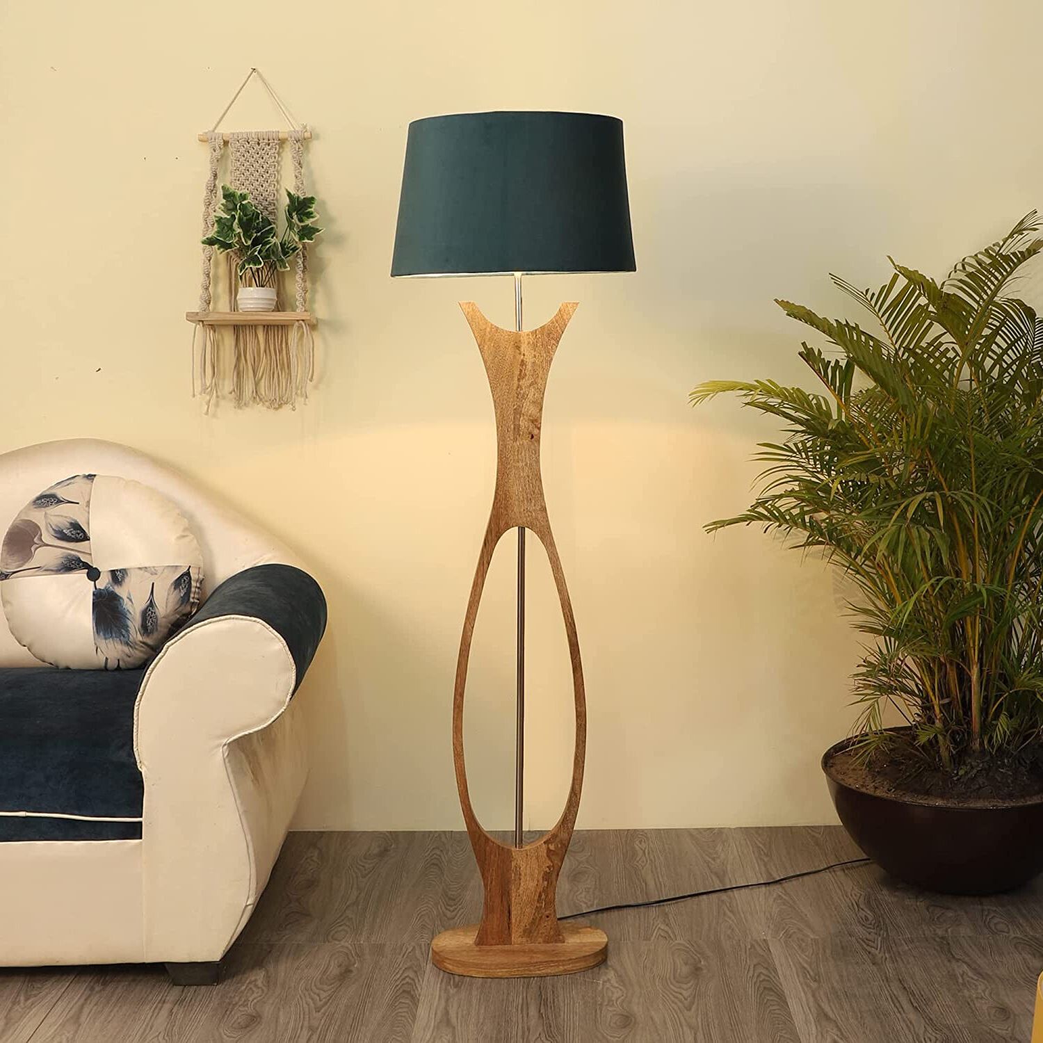 Wood Floor Lamp Mango Wood Floor Lamp Grey Velvet Shade Floor Lamp With  Natural | Ebay Throughout Mango Wood Floor Lamps (View 12 of 20)