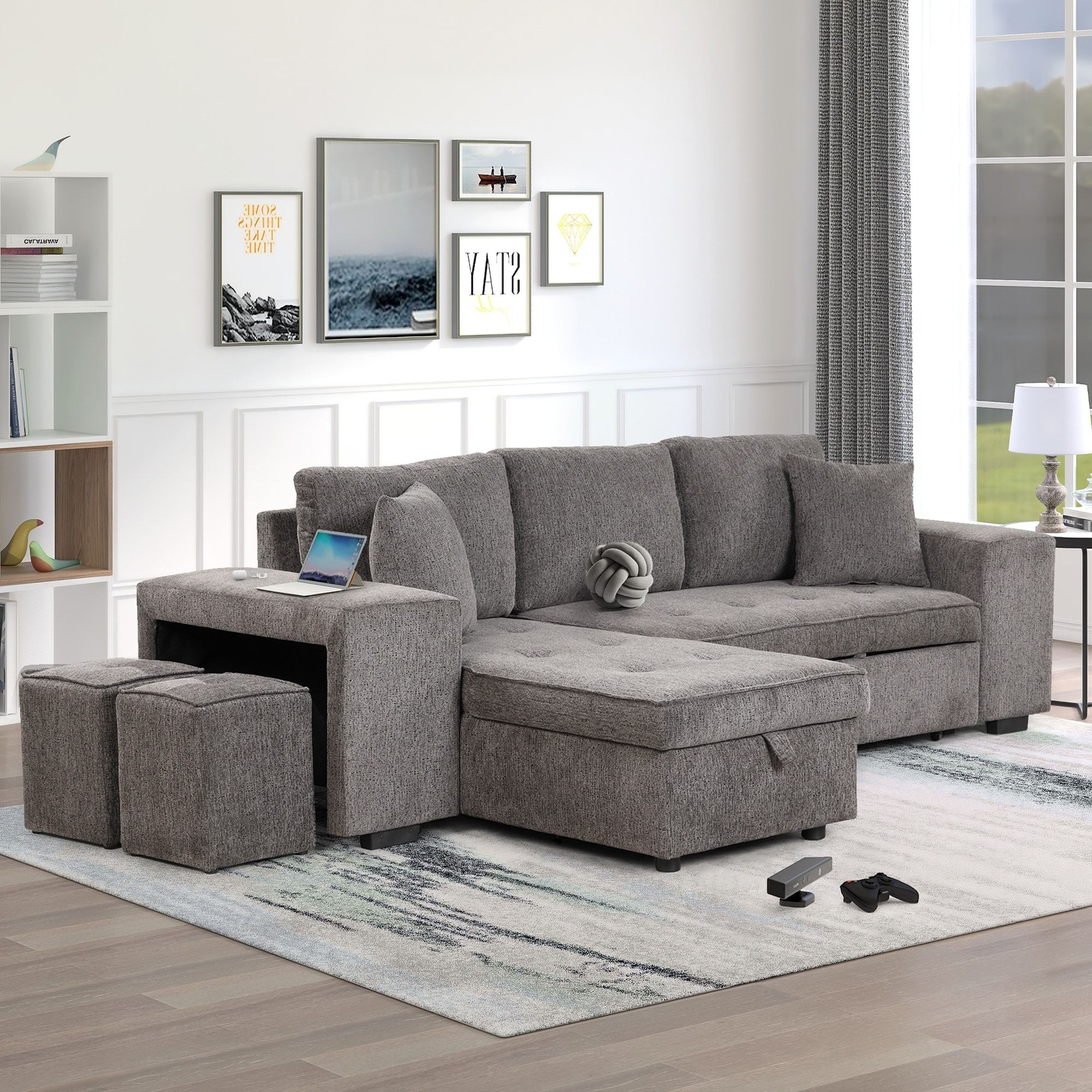 104" L Shape 3 Seat Reversible Sectional Sofa, Pull Out Sleeper Sofa With  Storage Chaise And 2 Stools For Living Room – Overstock – 37989258 Throughout 3 Seat Sofa Sectionals With Reversible Chaise (View 6 of 20)