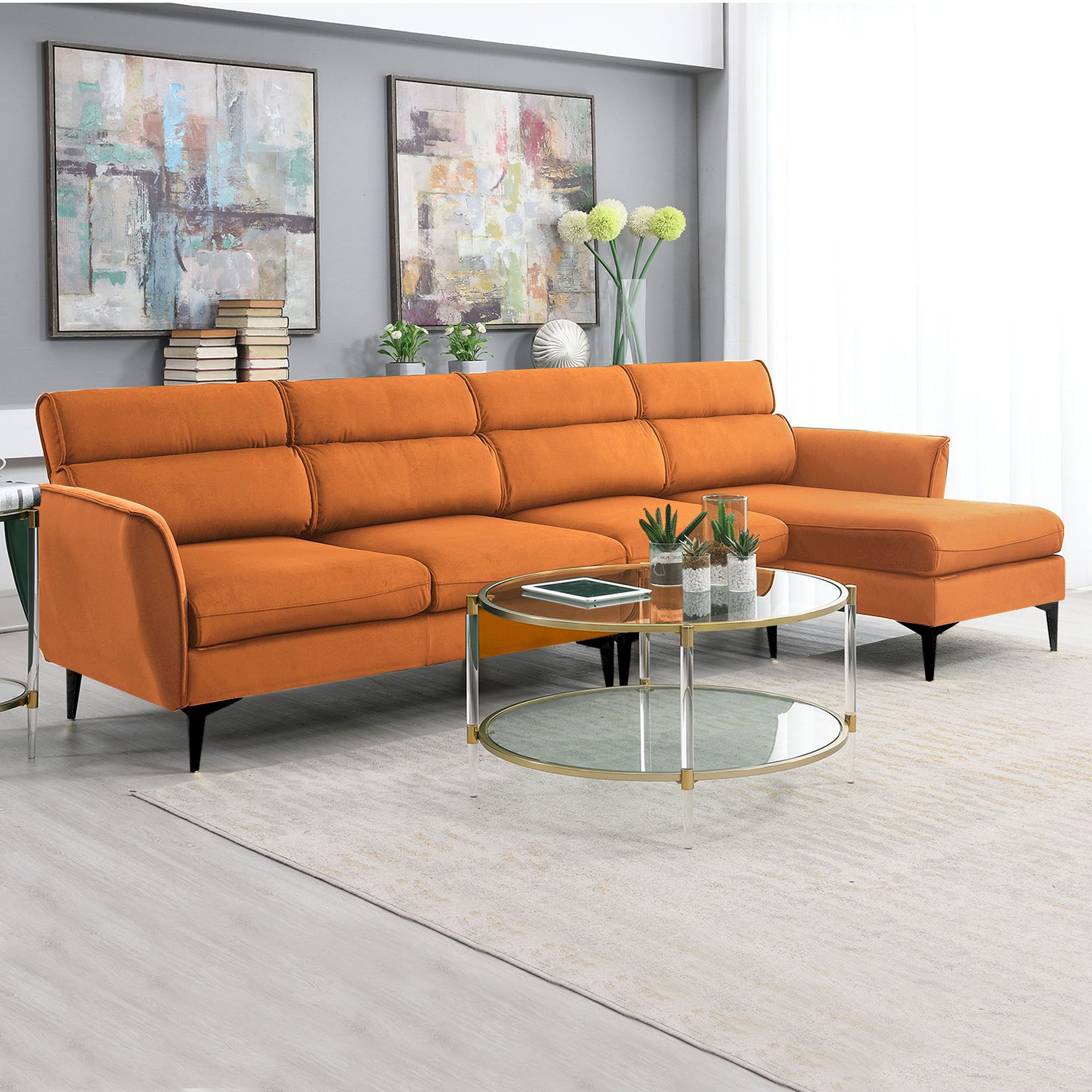 111"l Convertible Sectional Sofa Couch, Flannel L Shaped Couch With  Left/right Chaise, Modern Heavy Duty 4 Seater Sectional Couch, Kamida Sectional  Couch Furniture For Living Room, Orange – Walmart With Regard To Heavy Duty Sectional Couches (Gallery 4 of 20)