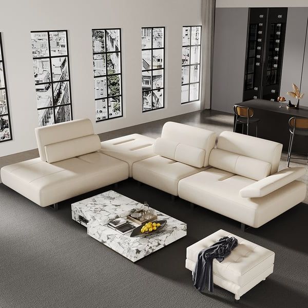 134.6" White Leather Lounge Deep Seat Sectional Sofa With Adjustable  Armrest & Backrest Homary Inside L Shaped Couches With Adjustable Backrest (Gallery 4 of 20)