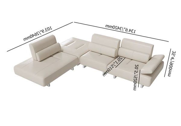 134.6" White Leather Lounge Deep Seat Sectional Sofa With Adjustable  Armrest & Backrest Homary Throughout L Shaped Couches With Adjustable Backrest (Gallery 17 of 20)