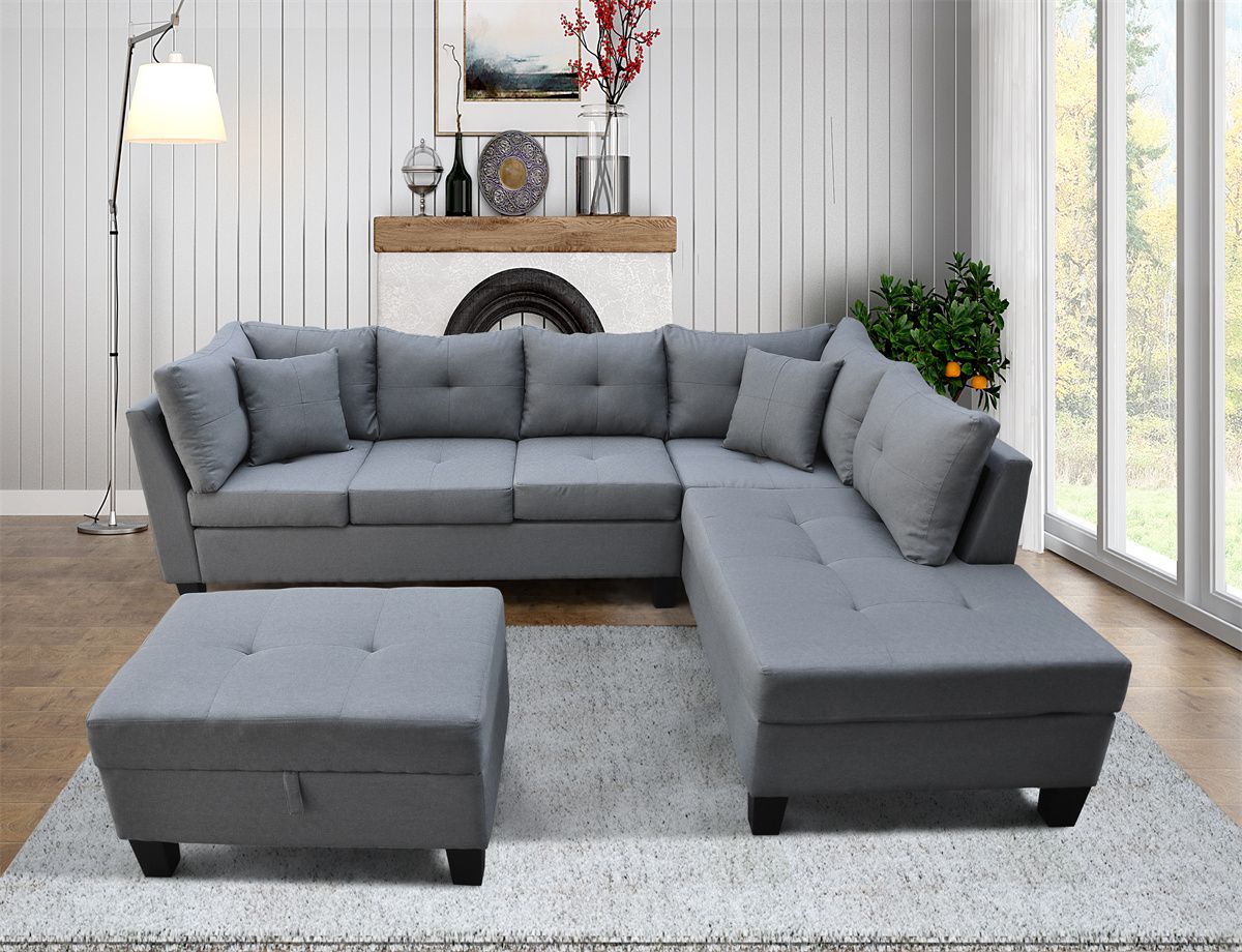 3 Piece Sectional Sofa With Chaise And Storage Ottoman,l Shaped Sofa Bed  Couch With 3 Seat Sofa,7 Back Cusions And 2 Throw Pillows,modern Upholstered  Tufted Sofa Sleeper For Living Room Office,gray – Walmart For Sectional Sofas With Ottomans And Tufted Back Cushion (Gallery 11 of 20)