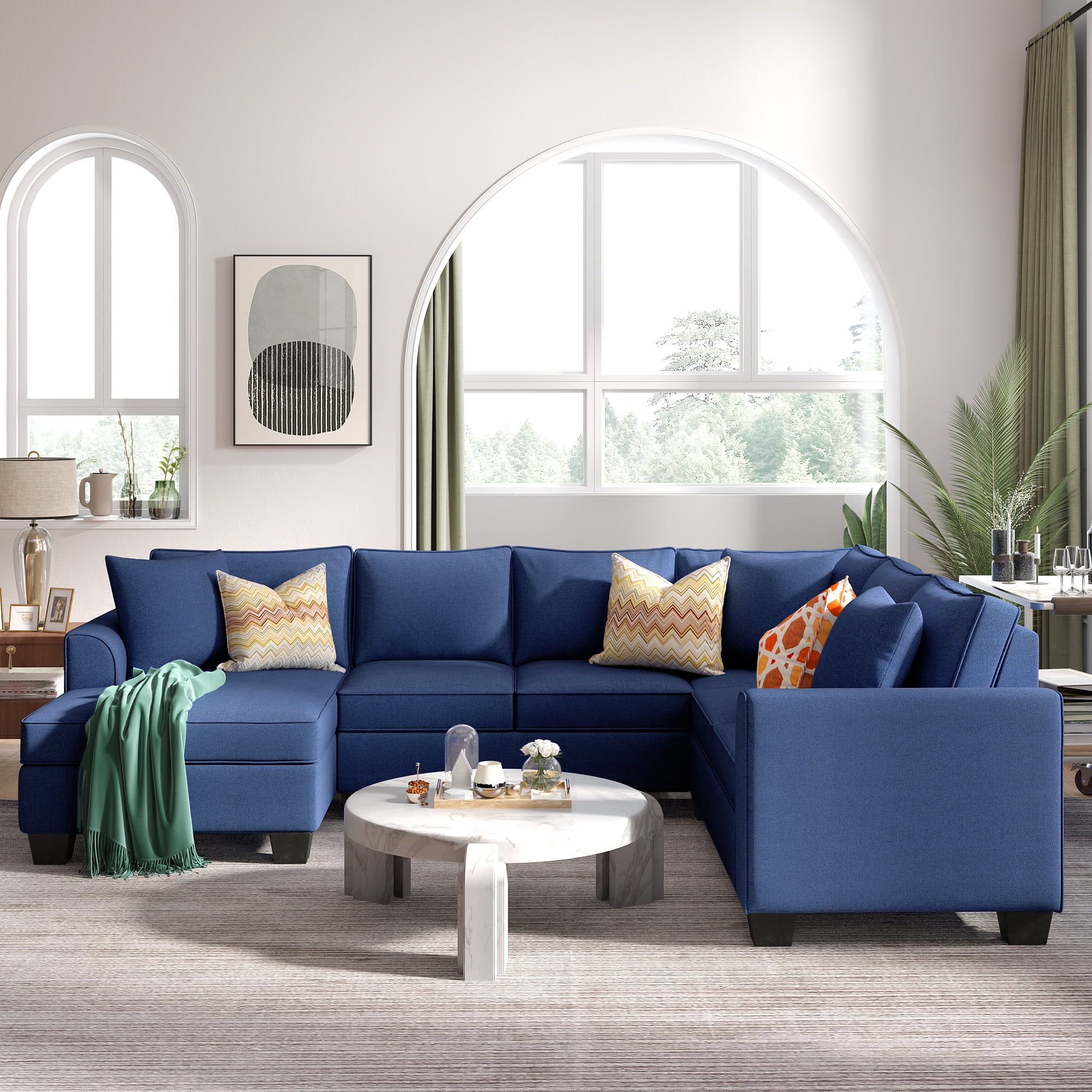 7 Seater Sectional Sofa Sets, Upholstered Modern U Shaped Sofa With 3  Pillows For Living Room, Blue – Walmart Throughout 7 Seater Sectional Couch With Ottoman And 3 Pillows (View 7 of 20)