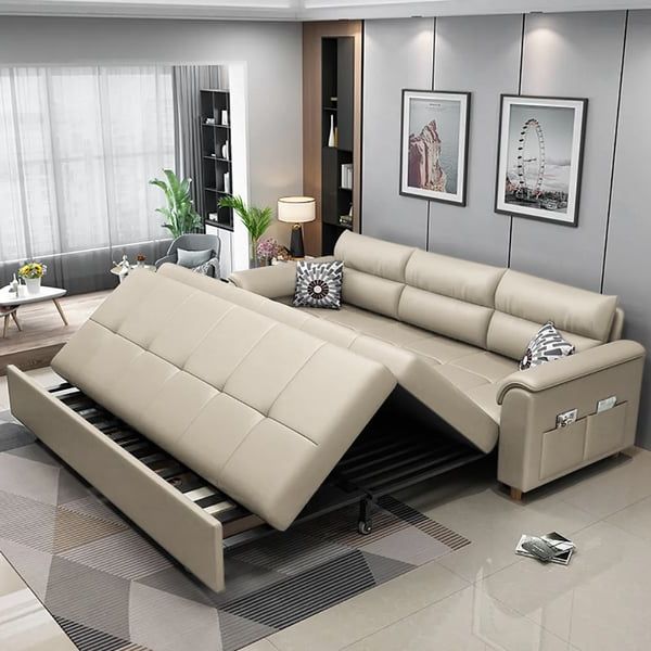 74" Beige Full Sleeper Convertible Sofa With Storage & Pockets Sofa Bed  Homary With Regard To Sleeper Sofas With Storage (View 11 of 20)