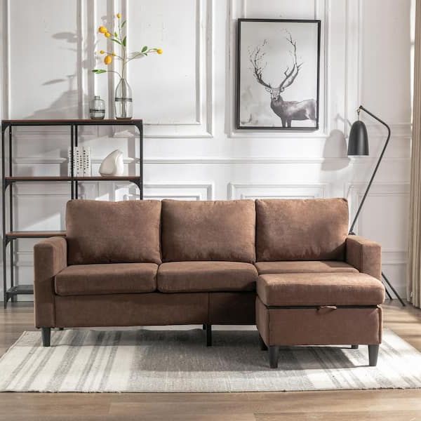 77.9 In. W Square Arm 2 Piece Polyester L Shaped 3 Seater Couch With Movable  Ottoman In Brown Lkl 325 77bo – The Home Depot Inside Sectional Sofas With Movable Ottoman (Gallery 10 of 20)