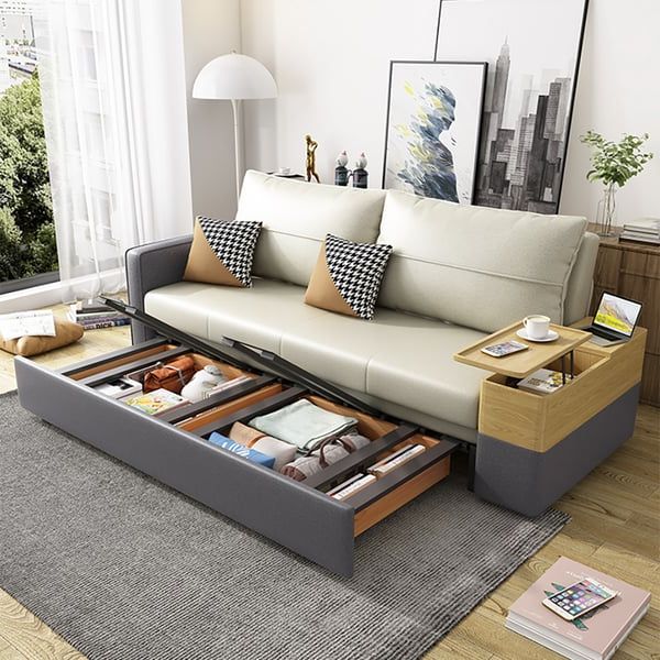 77" Beige & Gray Sleeper Sofa With Lift Top End Table Convertible Sofa Bed  With Storage Homary For Sleeper Sofas With Storage (View 3 of 20)
