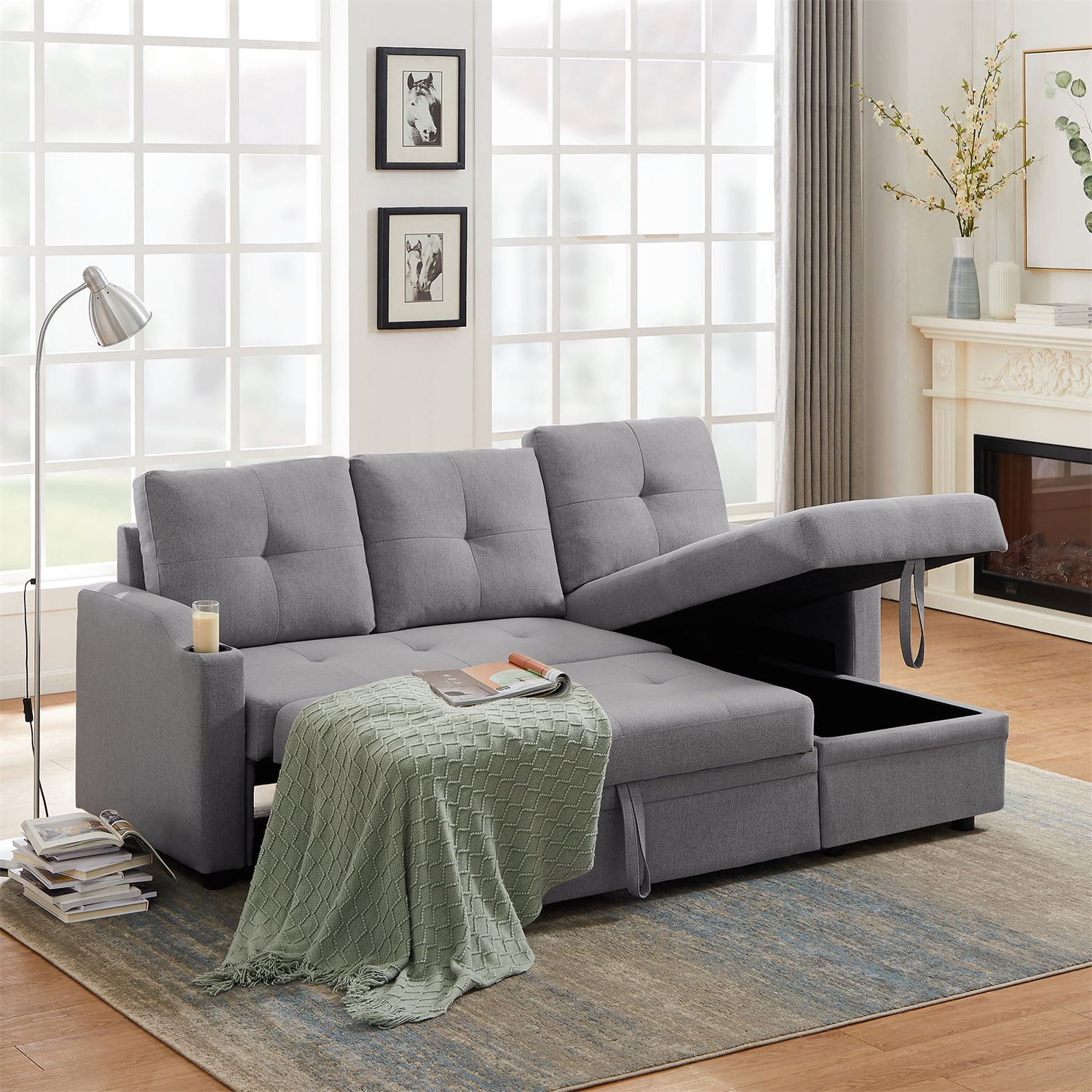80.7" Reversible Sofa Sleeper, Tufted Upholstered Sectional Sofa Couch With  Pull Out Sleeper, Corner Couch Sofa Bed With Storage Chaise And Two  Cup Holders For Living Room, Grey – Walmart Inside Reversible Pull Out Sofa Couches (Gallery 1 of 20)