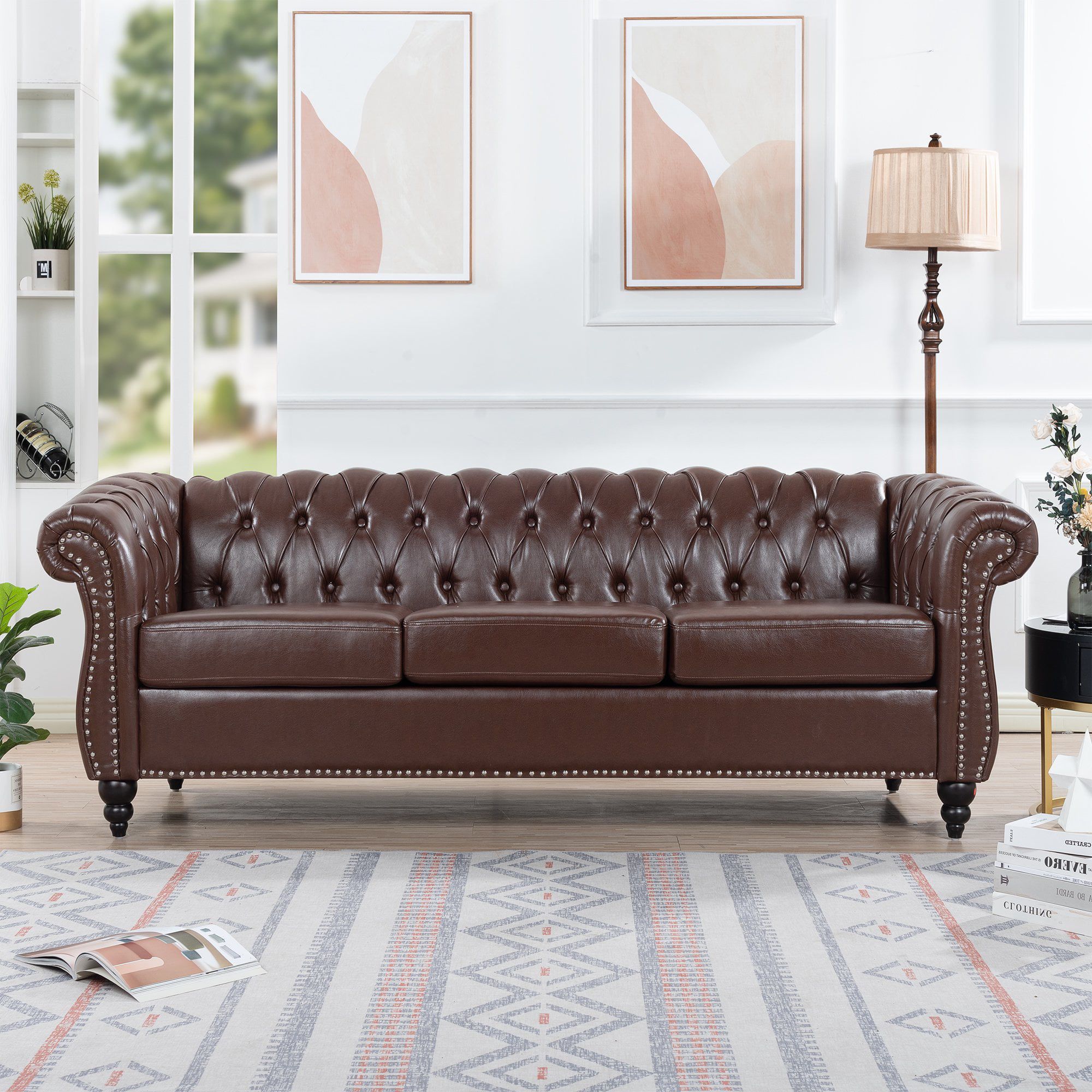 84" Pu Leather Chesterfield Sofas For Living Room, Rolled Arm 3 Seater  Large Couch Deep Button Nailhead Tufted Upholstered Couches For Bedroom,  Office Apartment – Dark Brown – Walmart For Sofas With Rolled Arm (View 15 of 20)