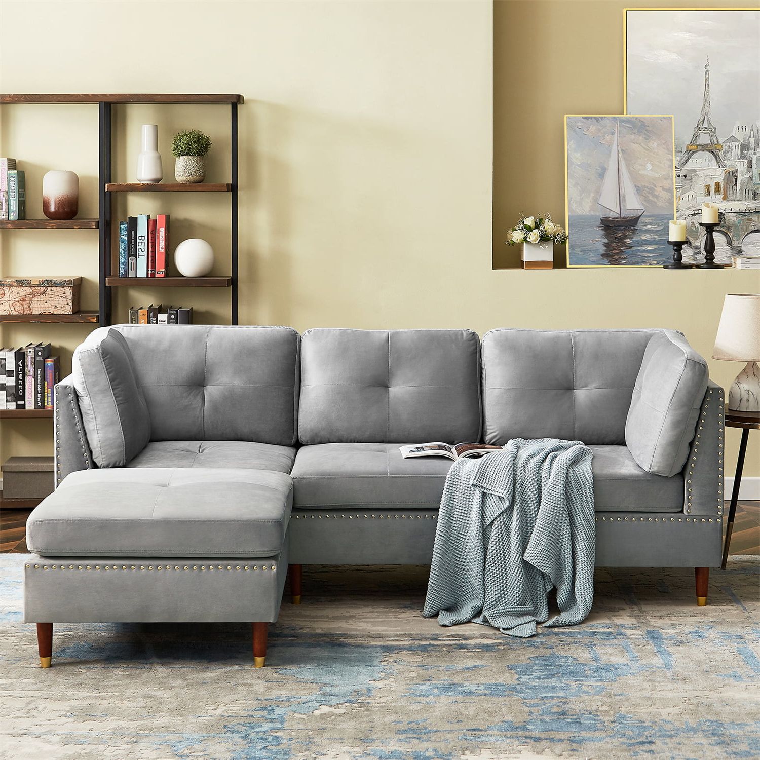 88.6" Convertible Sectional Sofa Couch With Ottoman, Modern Tufted L Shaped  Sofa Sleeper, 3 Seat Velvet Sofa With Reversible Chaise & Nail Head, For  Living Room, Apartment And Small Space, Grey – Walmart Inside 3 Seat Sofa Sectionals With Reversible Chaise (Gallery 20 of 20)