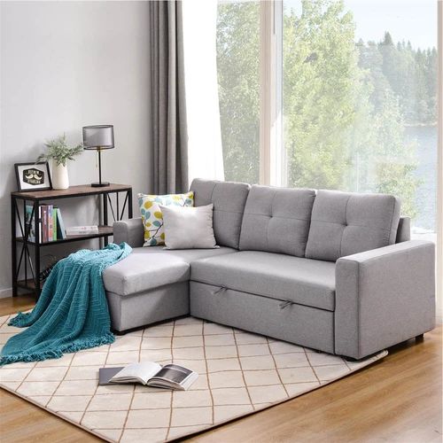 90" 3 Seat L Shaped Pull Out Combination Polyester Sofa Bed Gray With Regard To Chaise 3 Seat L Shaped Sleeper Sofas (View 4 of 20)