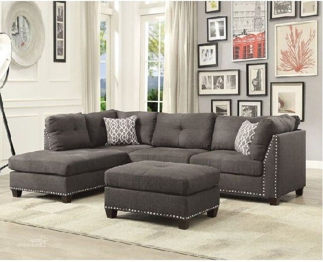 Acme Laurissa Sectional Sofa And Ottoman With 2 Pillows In Charcoal Linen –  1stopbedrooms Intended For Sectional Sofas With Ottomans And Tufted Back Cushion (View 13 of 20)