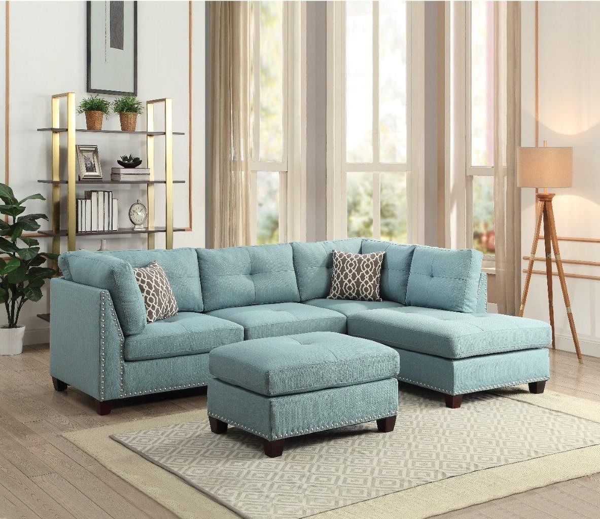 Acme Laurissa Sectional Sofa And Ottoman With 2 Pillows In Light Teal Linen  – 1stopbedrooms Regarding Sectional Sofas With Ottomans And Tufted Back Cushion (View 2 of 20)