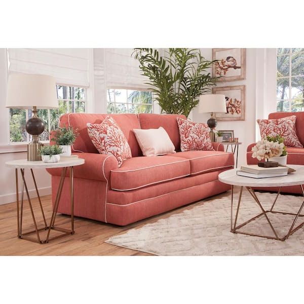 American Furniture Classics Coral Springs 90 In. Wide Rolled Arm Fabric  Straight Sofa With 3 Seats, Accent Piping And 3 Accent Pillows In Coral  Pink 8 010 S260c – The Home Depot For Sofas With Rolled Arm (Gallery 19 of 20)