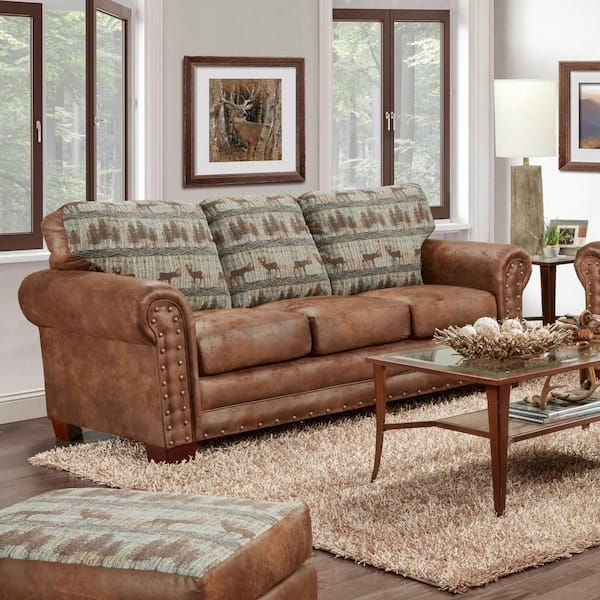 American Furniture Classics Deer Teal Lodge 88 In W. Rolled Arm Microfiber  Lodge Straight Nail Head Sofa In Brown 8503 90 – The Home Depot Pertaining To Sofas With Rolled Arm (Gallery 11 of 20)