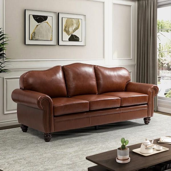 Artful Living Design Macimo 82.68 In. Wide Rolled Arms Rectangular Genuine  Leather Camelback Straight Brown Sofa In Brown Lbl4567 Brown A+b – The Home  Depot Pertaining To Sofas With Rolled Arm (Gallery 12 of 20)