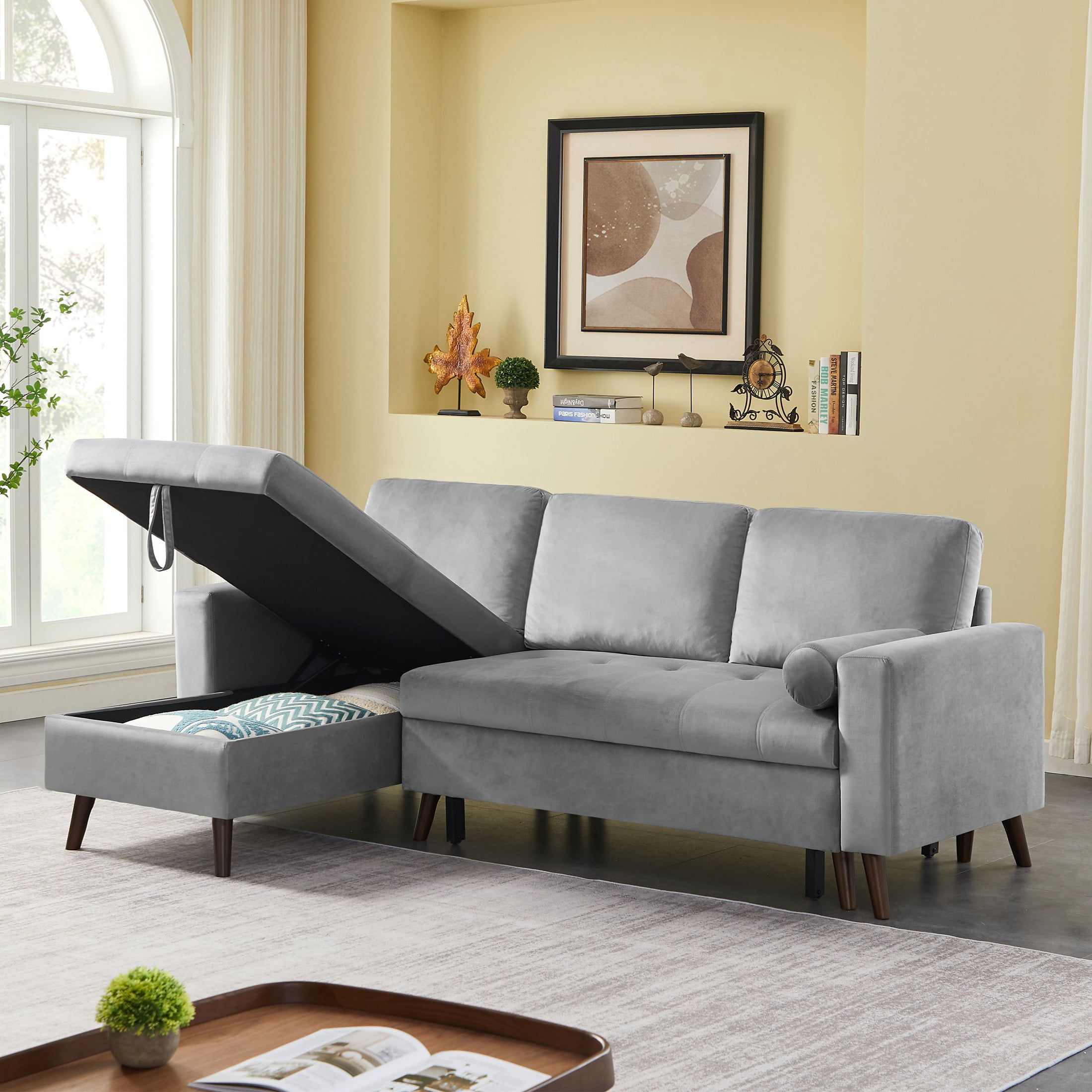 Aukfa 88" Sectional Sleeper Sofa  Pull Out Bed With Storage Chaise For  Living Room  Velvet  Gray – Walmart Intended For Convertible Sofa With Matching Chaise (Gallery 9 of 20)