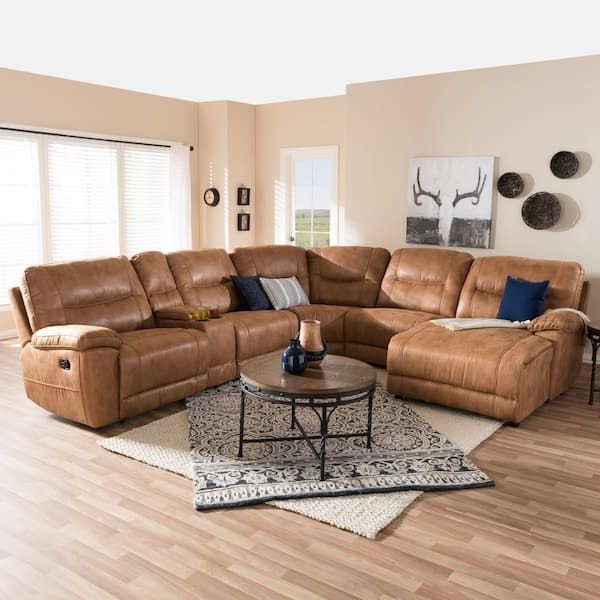 Baxton Studio Mistral 6 Piece Tan Faux Leather 6 Seater L Shaped  Left Facing Chaise Reclining Sectional Sofa 28862 7128 Hd – The Home Depot Pertaining To Studio Sectional Couches (View 13 of 20)
