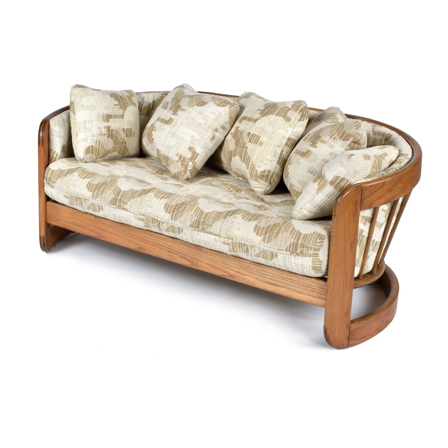 Beige Spindle Back Curved Solid Oak Wood Crescent Shaped Loveseat With Regard To Couches Love Seats With Wood Frame (View 6 of 20)