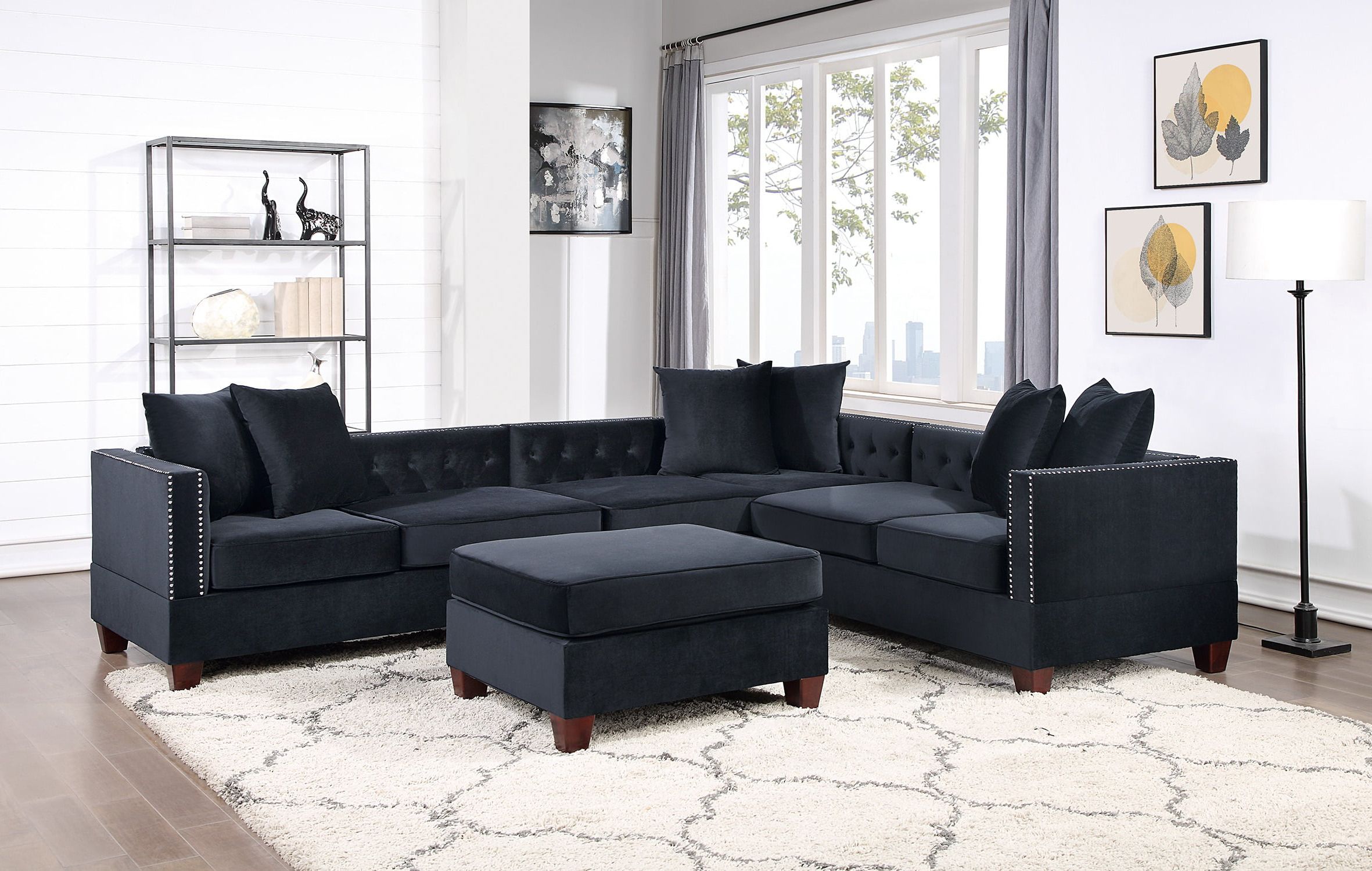Black Velvet Fabric Solidwood Sectional 4pc Set Reversible Chaise /  Loveseats Ottoman Tufted Cushion Couch Pillows Living Room – Walmart For Sectional Sofas With Ottomans And Tufted Back Cushion (View 3 of 20)