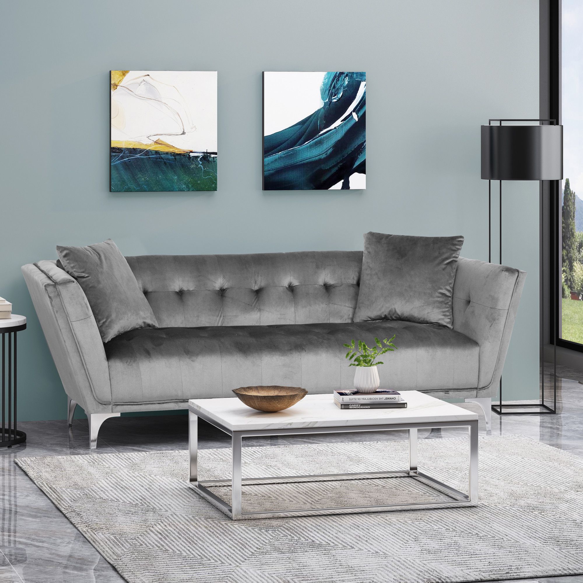 Chopline Modern Glam 3 Seater Velvet Sofa, Smoke And Silver In Smoke Gray/ Silvernoble House Inside Light Gray Velvet Sofas (View 5 of 20)