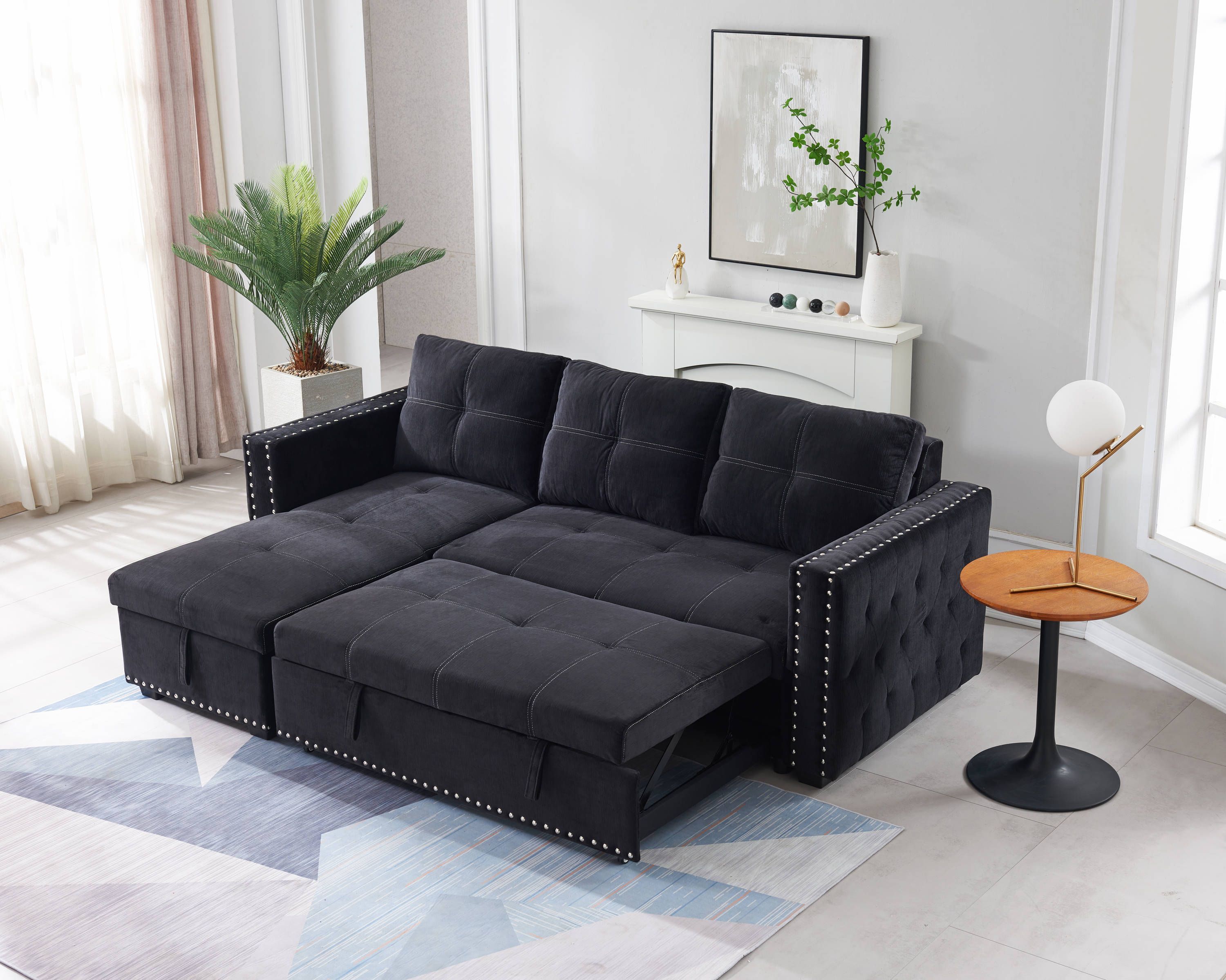 Clihome Sofa With Pulled Out Bed Modern Black Polyester/blend Sleeper In  The Couches, Sofas & Loveseats Department At Lowes Intended For Pull Out Couch Beds (Gallery 4 of 20)