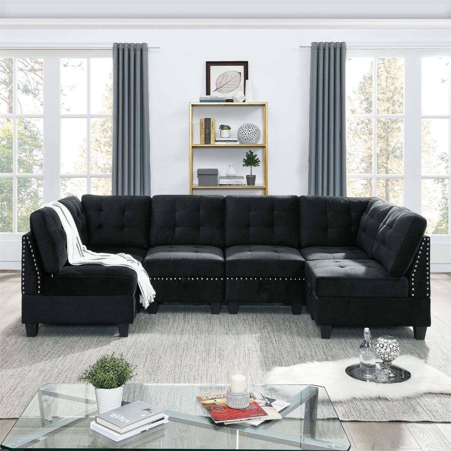 Convertible Sectional Sofa Couch, Modern Velvet Upholstered U Shaped Modular  Sofa Set With 2 Single Chairs & 2 Corner Sofas And 2 Ottomans Diy  Combination Couch With Sturdy Leg For Living Room, Black – For Upholstered Modular Couches With Storage (View 9 of 20)