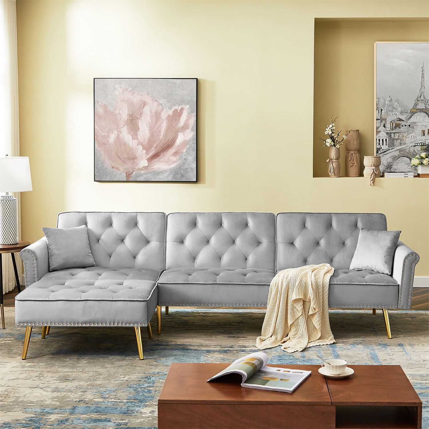Convertible Sectional Sofa With Ottoman, Modern Velvet L Shaped Couch With  Chaise, Corner Sofa With Nail Head Trim And Gold Metal Legs For Living  Room, Light Gray – Walmart Inside L Shaped Couches With Adjustable Backrest (Gallery 3 of 20)