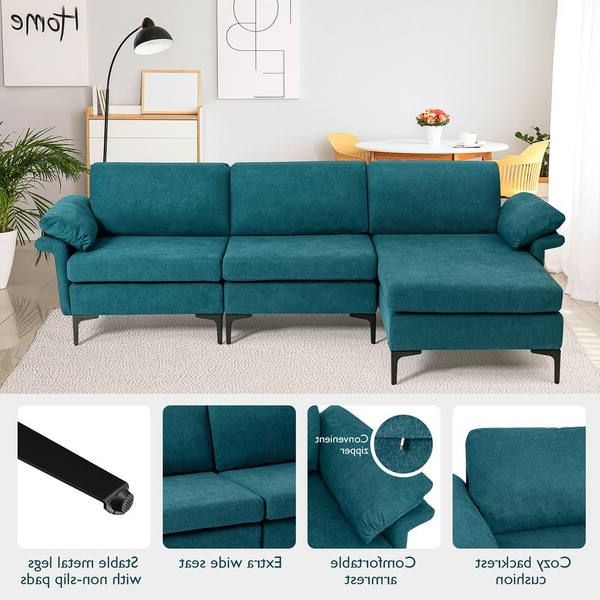 Costway 100.5 In. W Square Arm L Shaped 3 Piece Polyester Sectional Sofa In  Blue With Reversible Chaise And 2 Usb Ports  Hv10301tu A+hv10301tu B+hv10301us Tu D – The Home Depot Pertaining To 3 Seat L Shape Sofa Couches With 2 Usb Ports (Gallery 3 of 20)