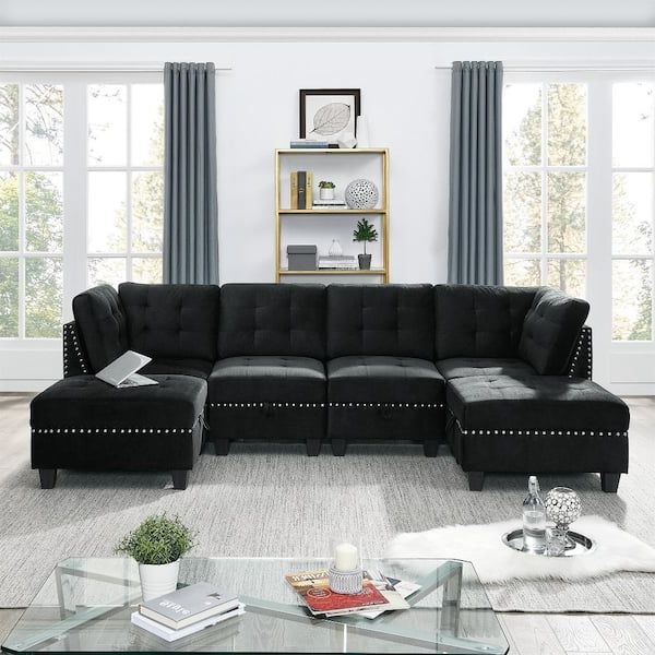 Gojane 116 In. W Slope Arm 6 Piece Velvet U Shape Modular Sectional Sofa In  Black W487s00063lwy – The Home Depot Intended For U Shaped Modular Sectional Sofas (Gallery 6 of 20)