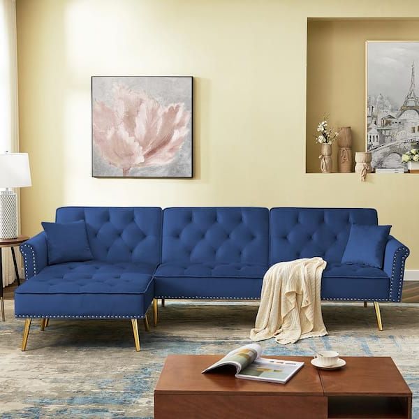 Gosalmon 110.2 In. W Blue Velvet Twin Size Sofa Bed, Reversible Sectional  L Shaped Couch With Movable Ottoman And Nailhead Trim W588s00043nyy – The  Home Depot Within Sectional Sofas With Movable Ottoman (Gallery 6 of 20)