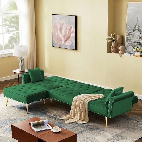 Gosalmon 110.2 In. W Green Velvet Twin Size Sofa Bed, Reversible Sectional  L Shaped Couch With Movable Ottoman And Nailhead Trim W588s00041nyy – The  Home Depot With Sectional Sofas With Movable Ottoman (Gallery 14 of 20)