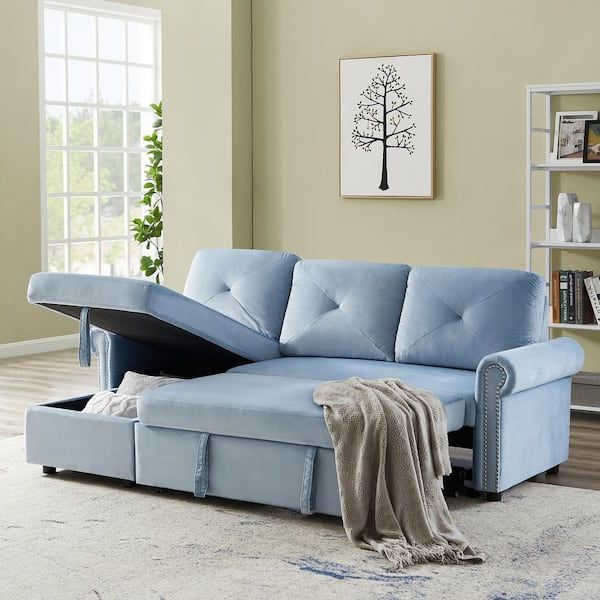 Gosalmon 83 In. W Blue Velvet Twin Size Sofa Bed Convertible Sectional 3 Seater  L Shape Couch With Storage Chaise Sg000345nyyaaa – The Home Depot Inside Chaise 3 Seat L Shaped Sleeper Sofas (Gallery 5 of 20)