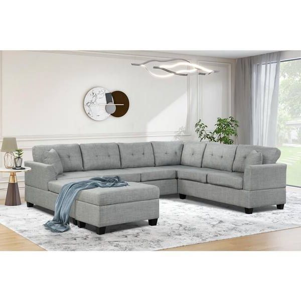 Harper & Bright Designs 121.3 In. W 4 Piece Linen U Shaped Modern Sectional  Sofa With Storage Ottoman And 2 Throw Pillows In Light Gray Cj461aae – The  Home Depot Throughout Sectional Sofas With Ottomans And Tufted Back Cushion (Gallery 16 of 20)